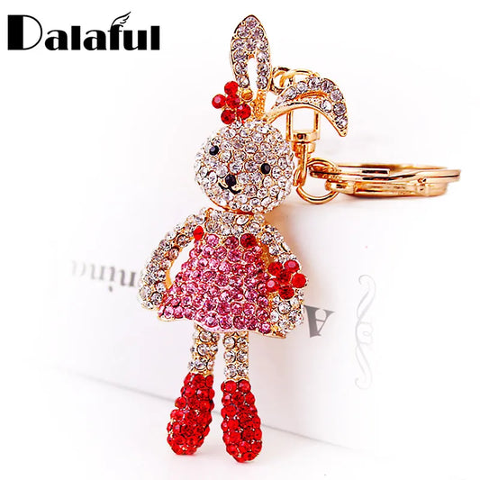 Dalaful Crystal Long Ear Rabbit Flower Key Chains Holder For Car Women Keychains Keyrings Purse Bag Pendant llaveros K254
