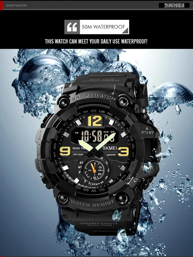 Dual Movement 3 Time Sport Wristwatch, Waterproof
