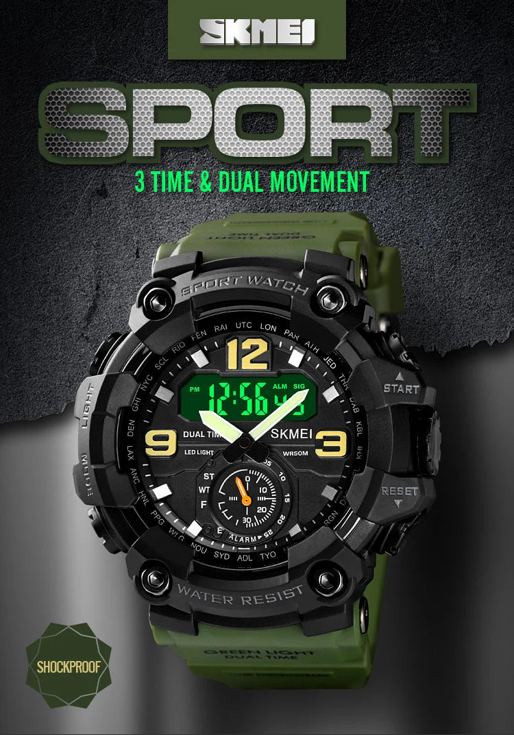 Dual Movement 3 Time Sport Wristwatch, Waterproof