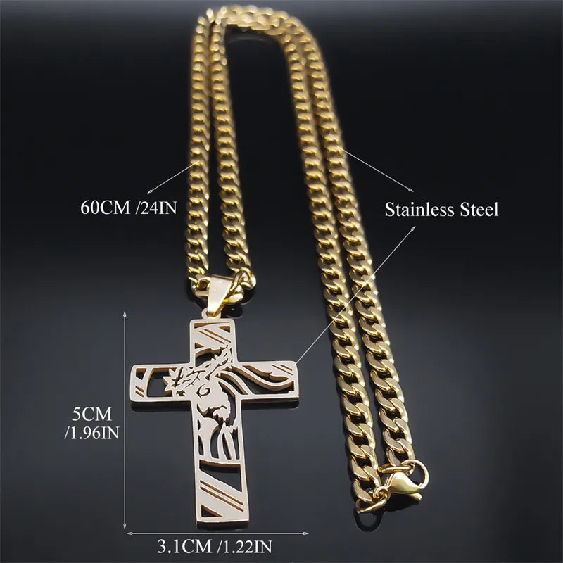 Hip Hop Punk Crown of Thorns Jesus Cross Necklace for Men Stainless Steel Gold Plated Crucifix Pendant Necklaces Jewelry N8052