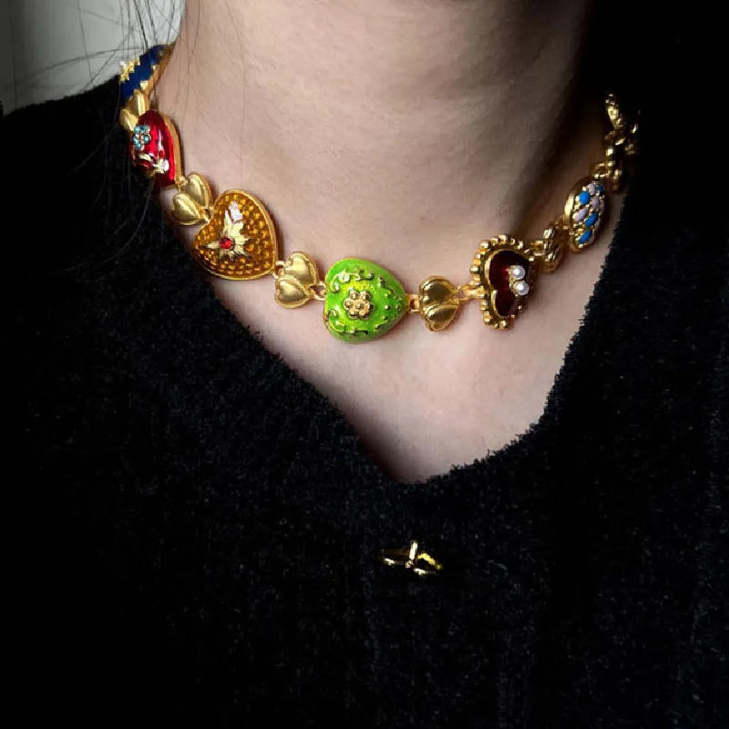 Vintage Rhinestone Pearl Love Heart Choker Necklace, earrings, and bracelet