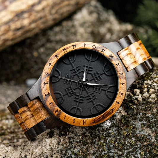 Wood Waterproof Watch with Viking Warriors Symbols