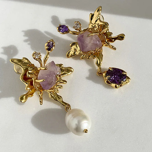 Baroque Freshwater Pearl Pendant Asymmetrical Earrings