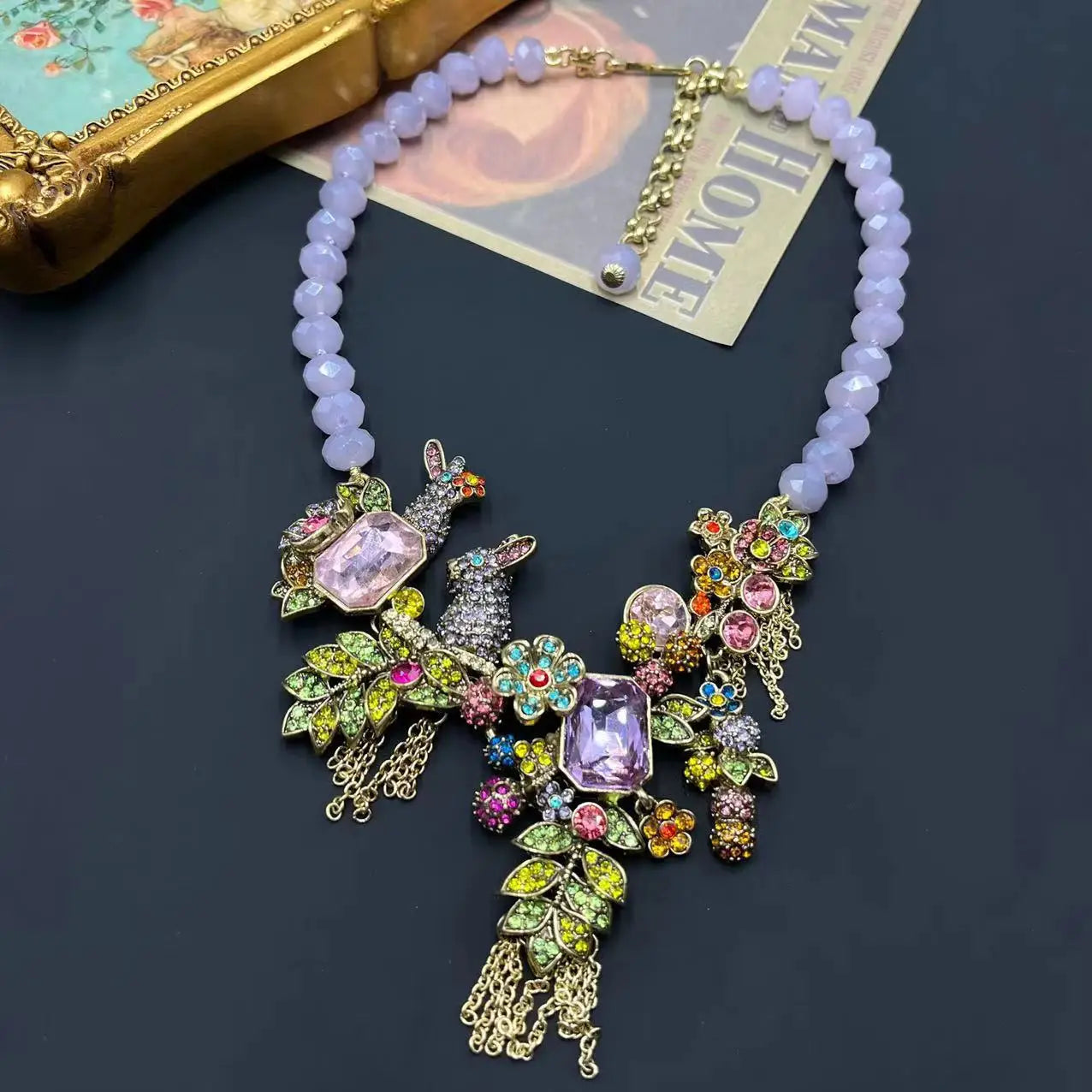 Floral Rhinestone Necklace with Rabbit detail
