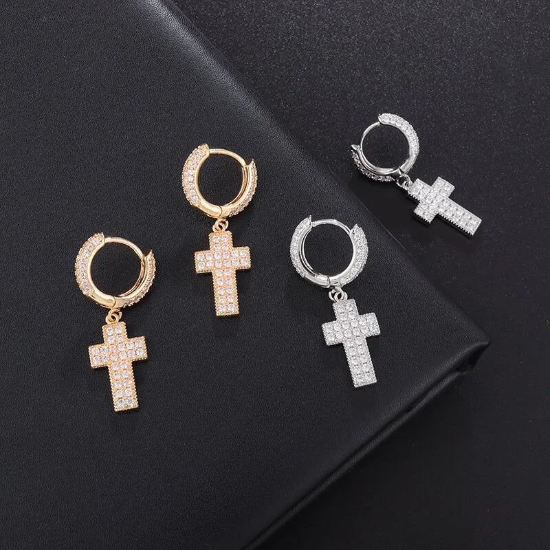 Blinged Out Cross with Inlaid Shiny Zircon Pendant Earrings  Hypoallergenic
