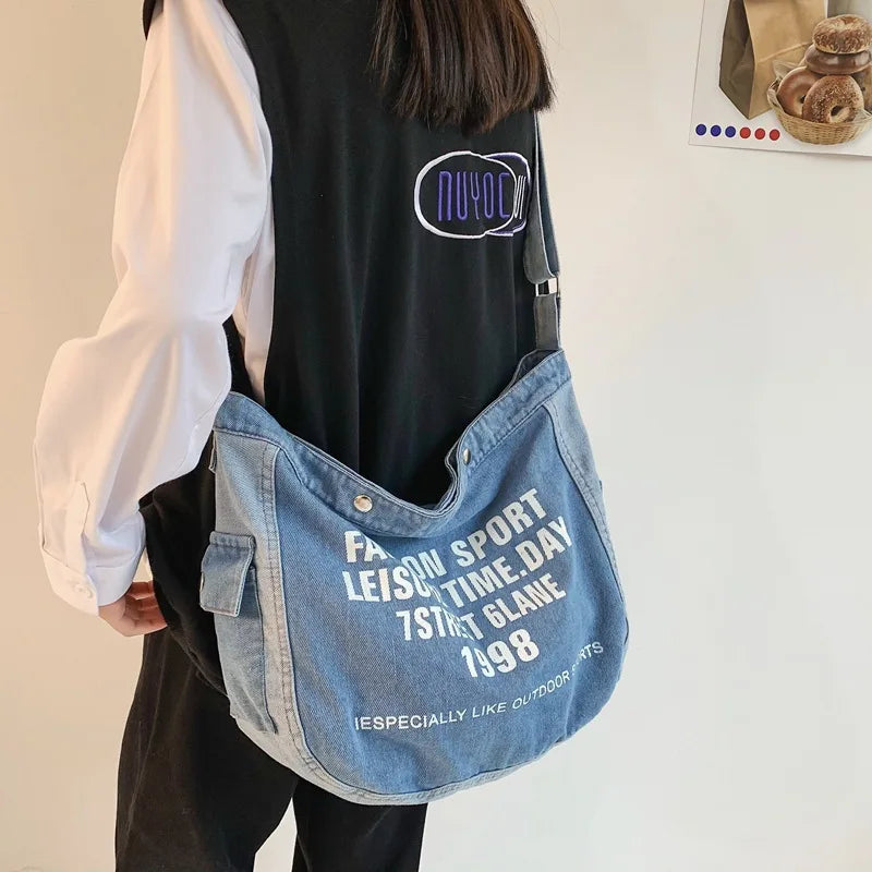 90s Fashion Denim Textile Big Capacity Soft Shoulder Slouchy Bag