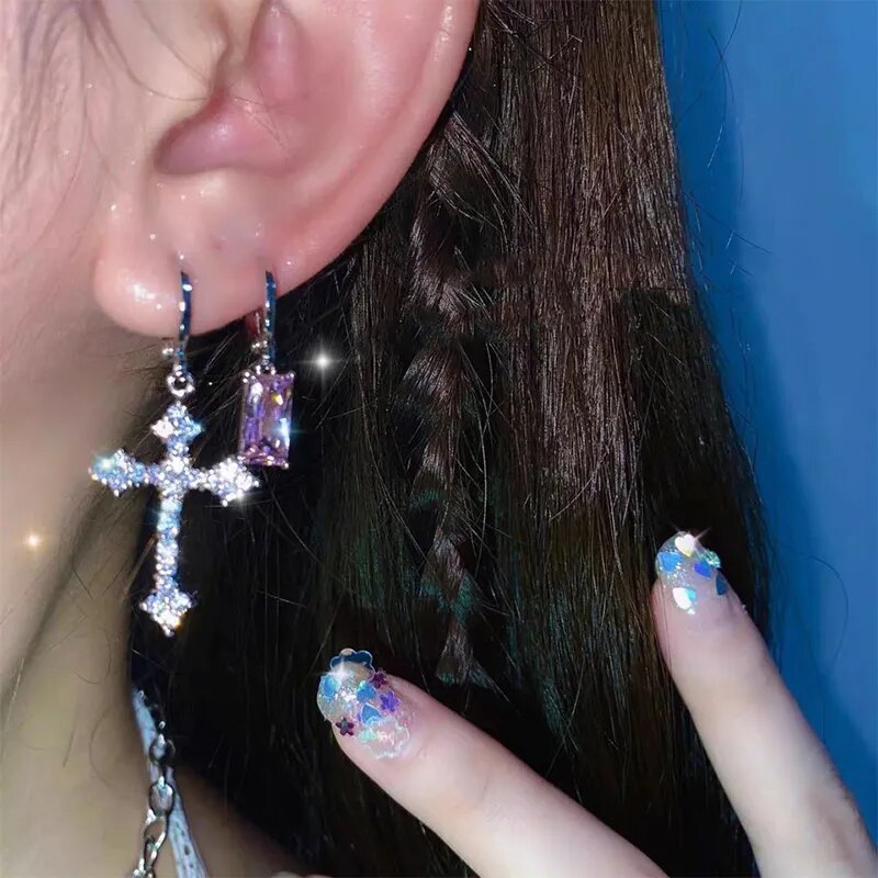 Sliver Color Crystal Cross-Shape Drop Earrings