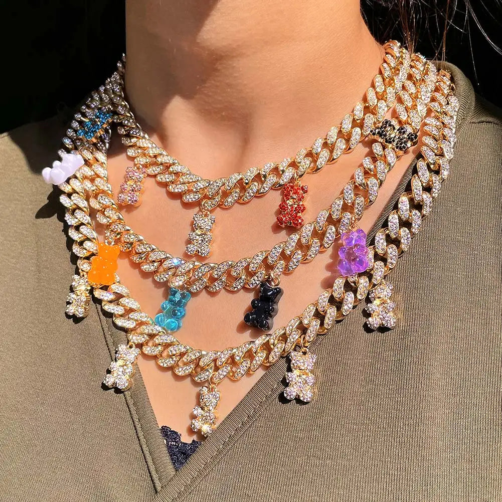 Colorful Crystal Acrylic Bear Pendant Cuban Necklace