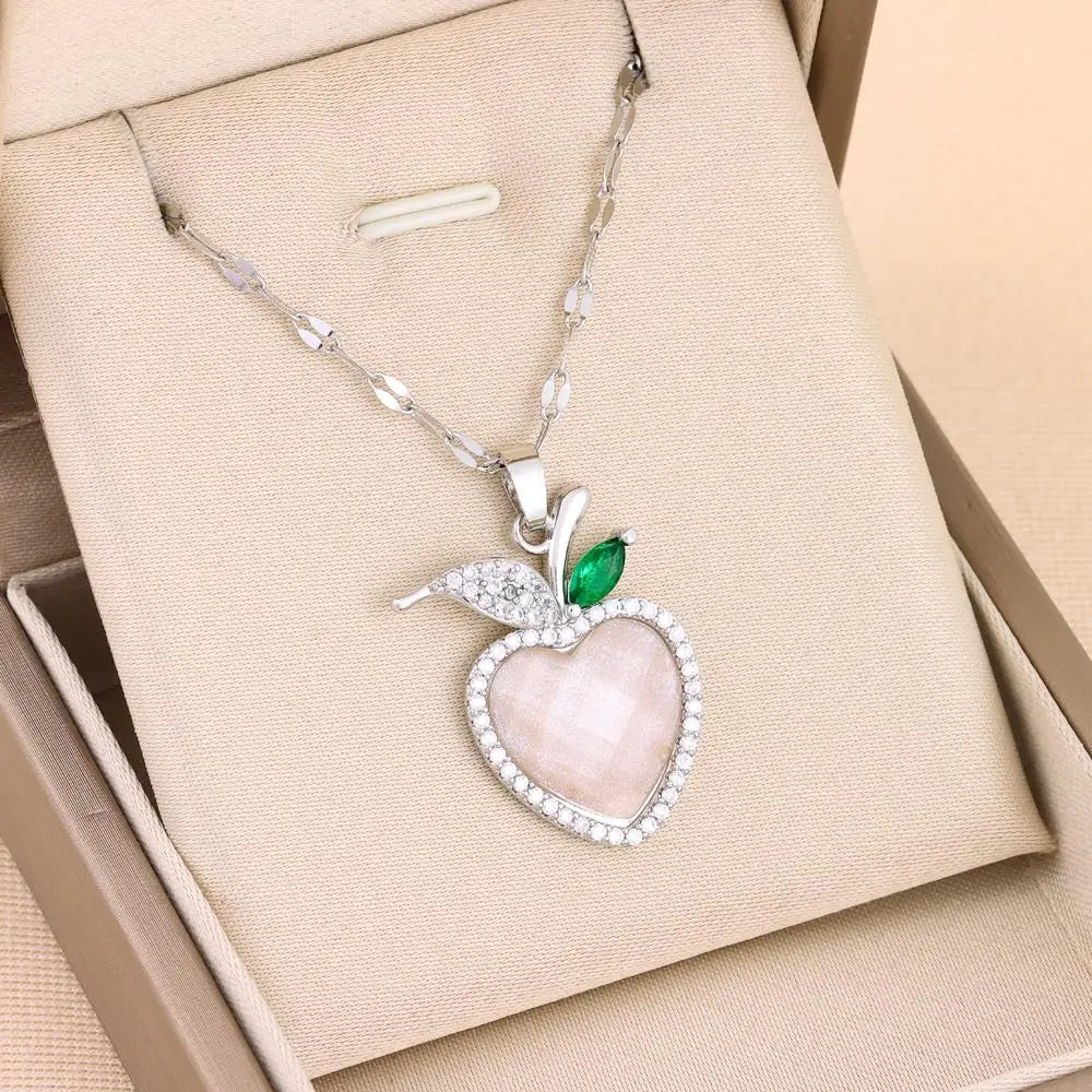 Crystal Heart Apple Pendant Necklaces For Teacher