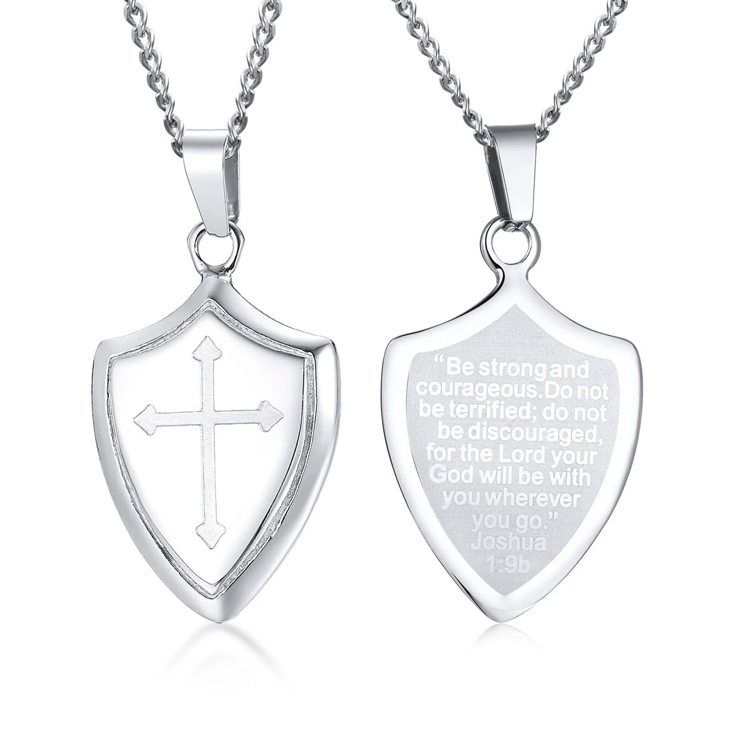 Men Shield Shape Cross Pendant Necklace in Stainless Steel Be Strong and Courageous Bible Verse Christian Jewelry