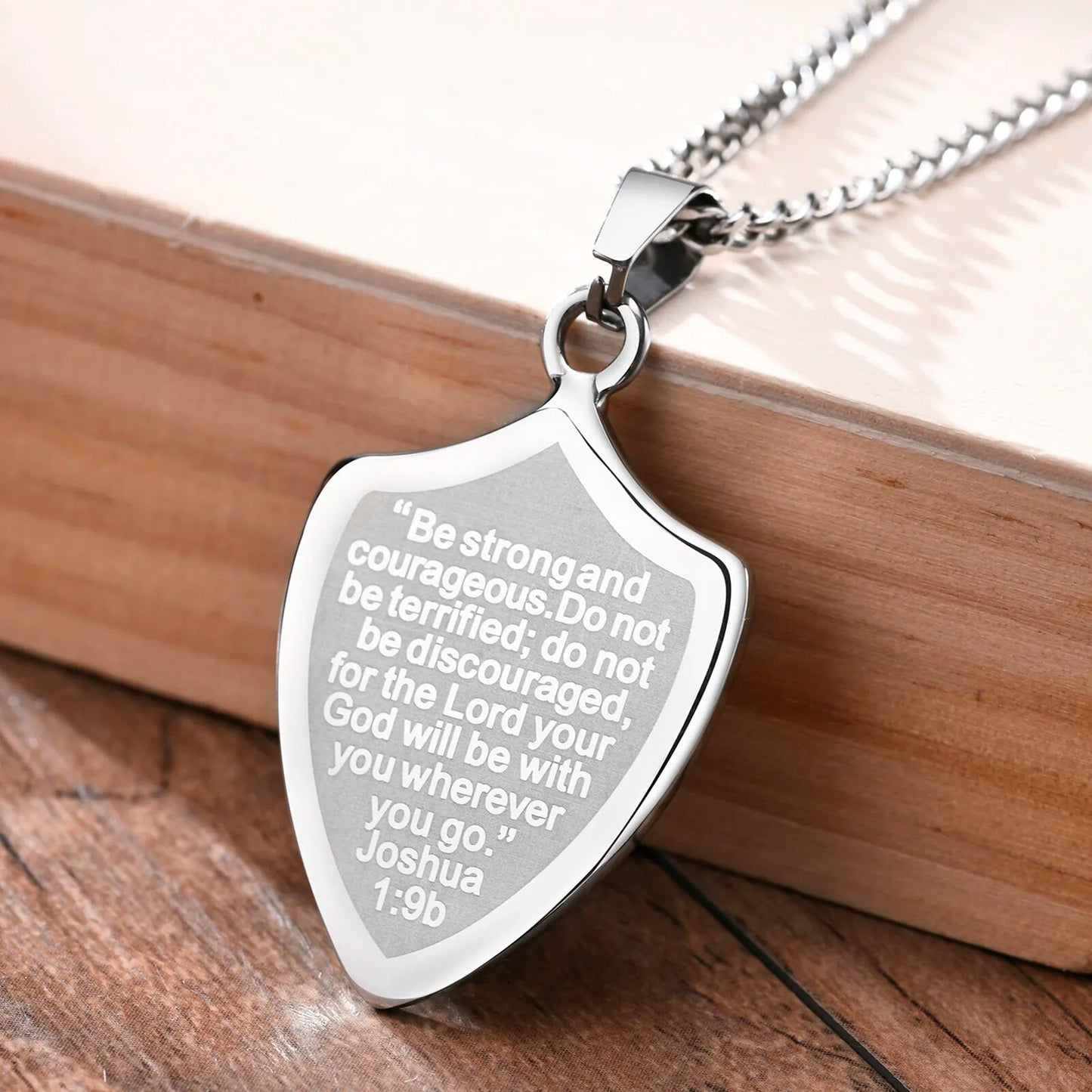 Men Shield Shape Cross Pendant Necklace in Stainless Steel Be Strong and Courageous Bible Verse Christian Jewelry