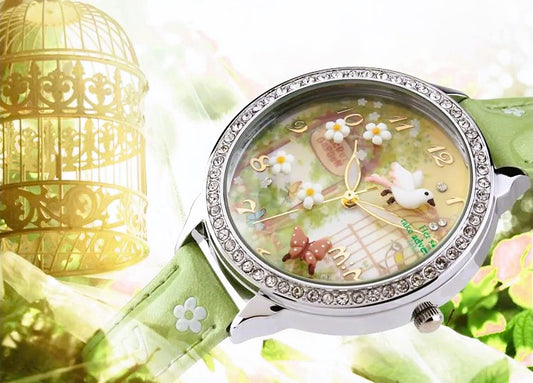 Quartz Waterproof Wristwatch with Hand-made Clay 3D Bird and Flower Details and Luminous Hands