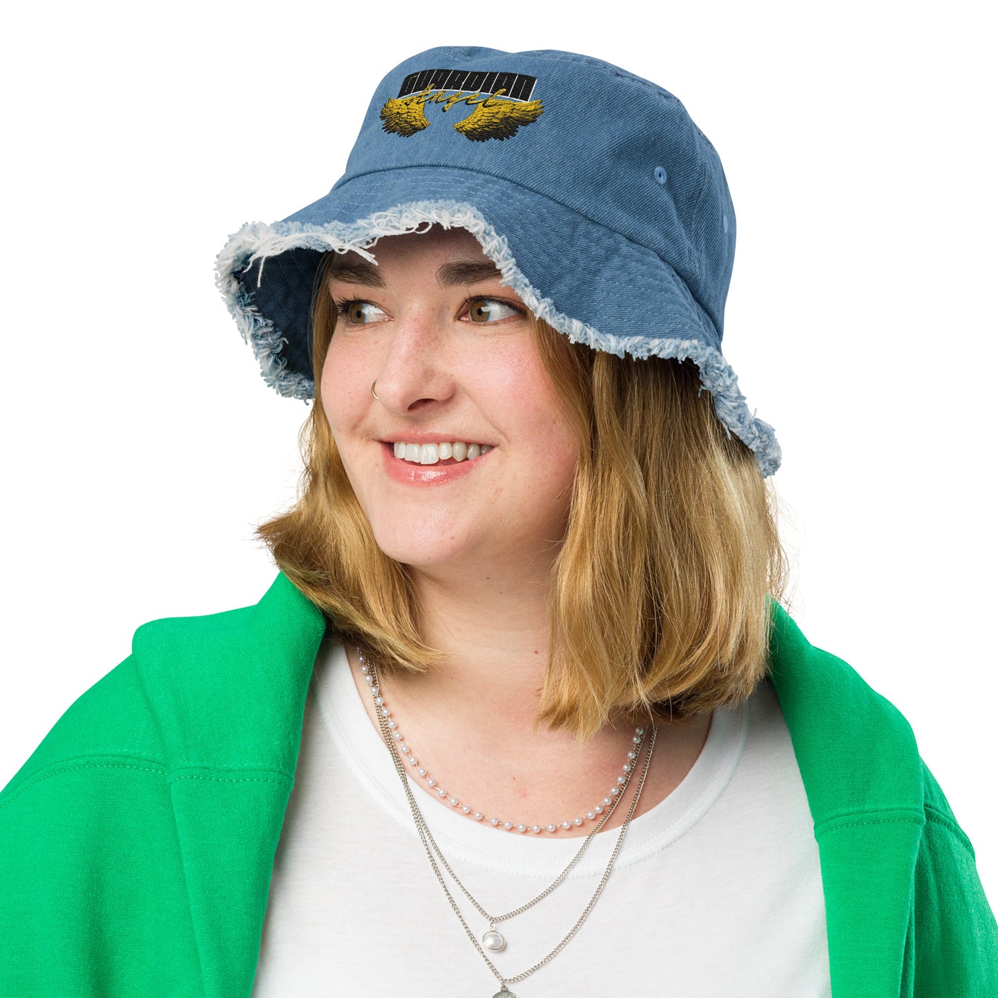 Guardian Angel- Distressed denim bucket hat