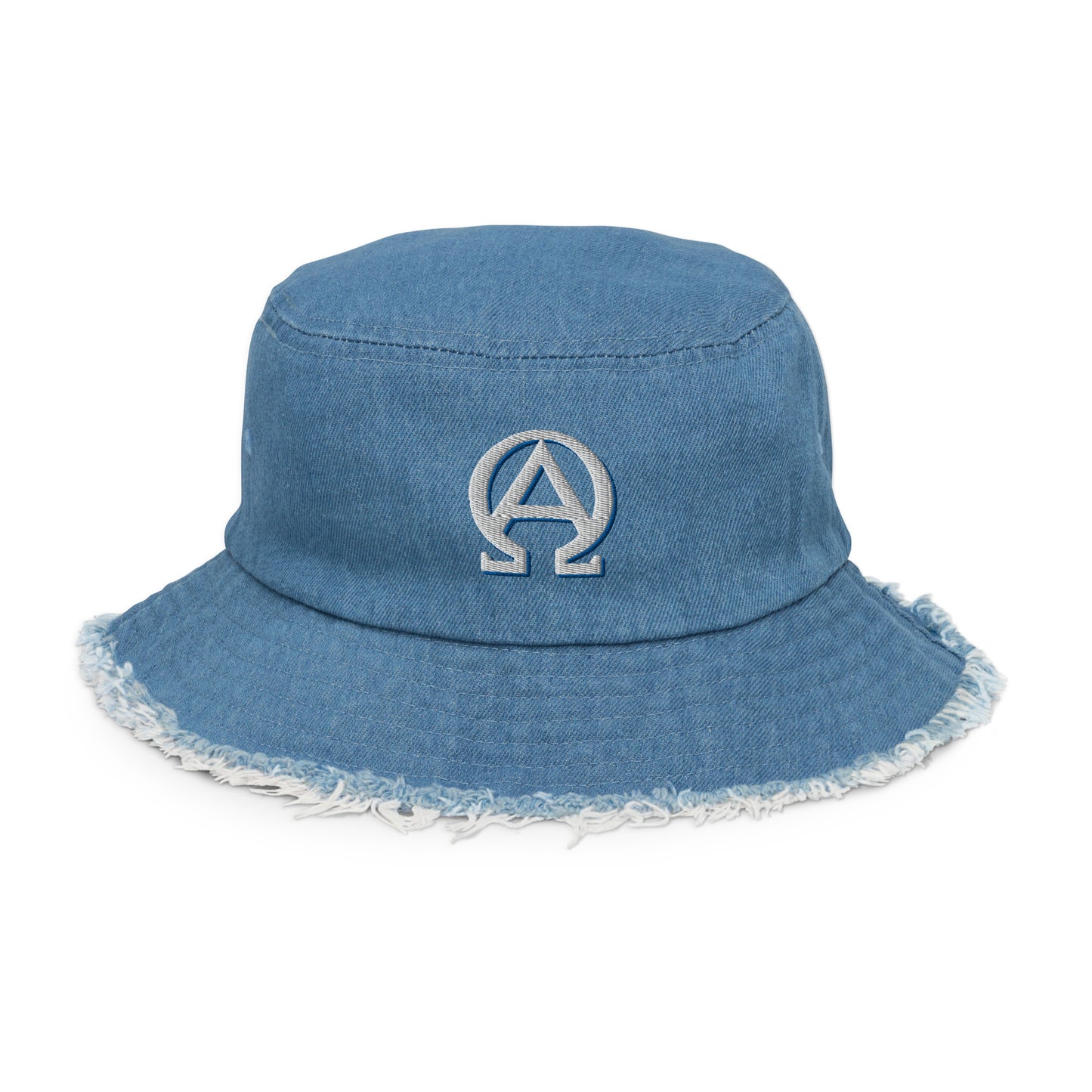 Alpha and Omega- Distressed denim bucket hat